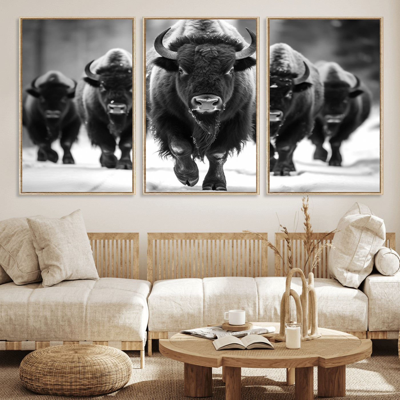 79872-MGV-CV-36X24-Bison Herd Wall Art – Black and White Buffalo on Snow Canvas Print, Rustic Wildlife Decor for Lodge, Cabin, or Living Room