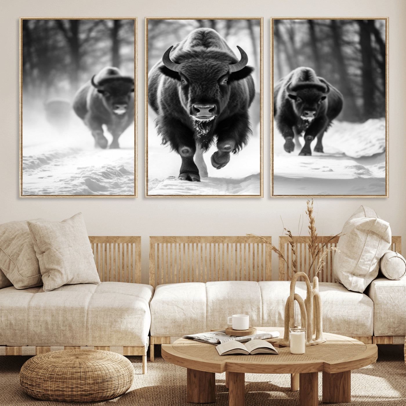 97552-MGV-FC-60X30-3P_Natural-Black and White Bison Wall Art – Buffalo Herd Running in Snow Canvas Print, Rustic Wildlife Photography Decor for Cabin, Lodge, or