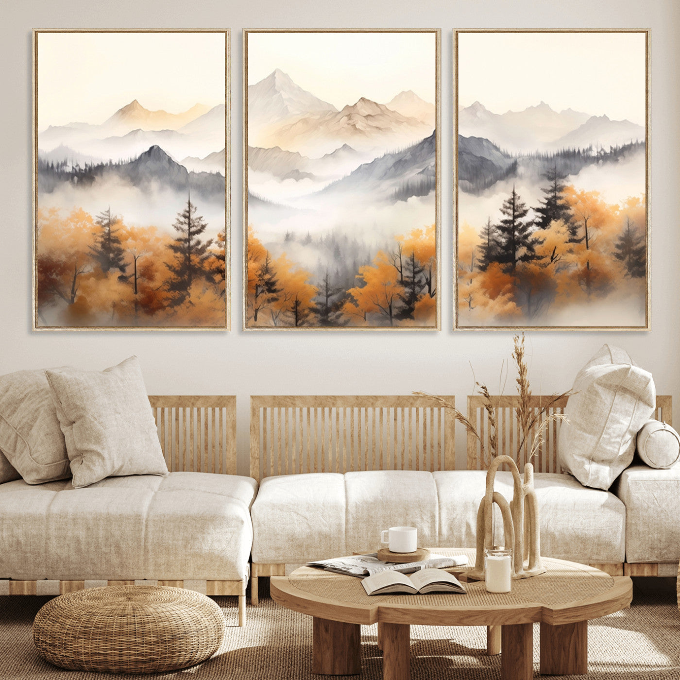 70049-MGV-FC-60X30-3P_Natural-Autumn Mountain Forest Wall Art – Misty Landscape Canvas Print, Rustic Nature Inspired Decor for Living Room, Bedroom or Office
