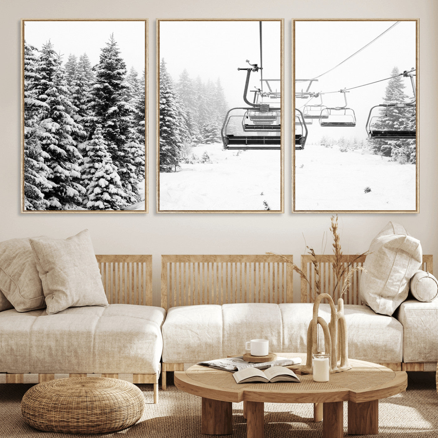 70609-MGV-FC-60X30-3P_Natural-Snowy Ski Lift Wall Art – Black and White Winter Mountain Landscape Canvas Print, Rustic Lodge Decor for Cabin, Living Room or