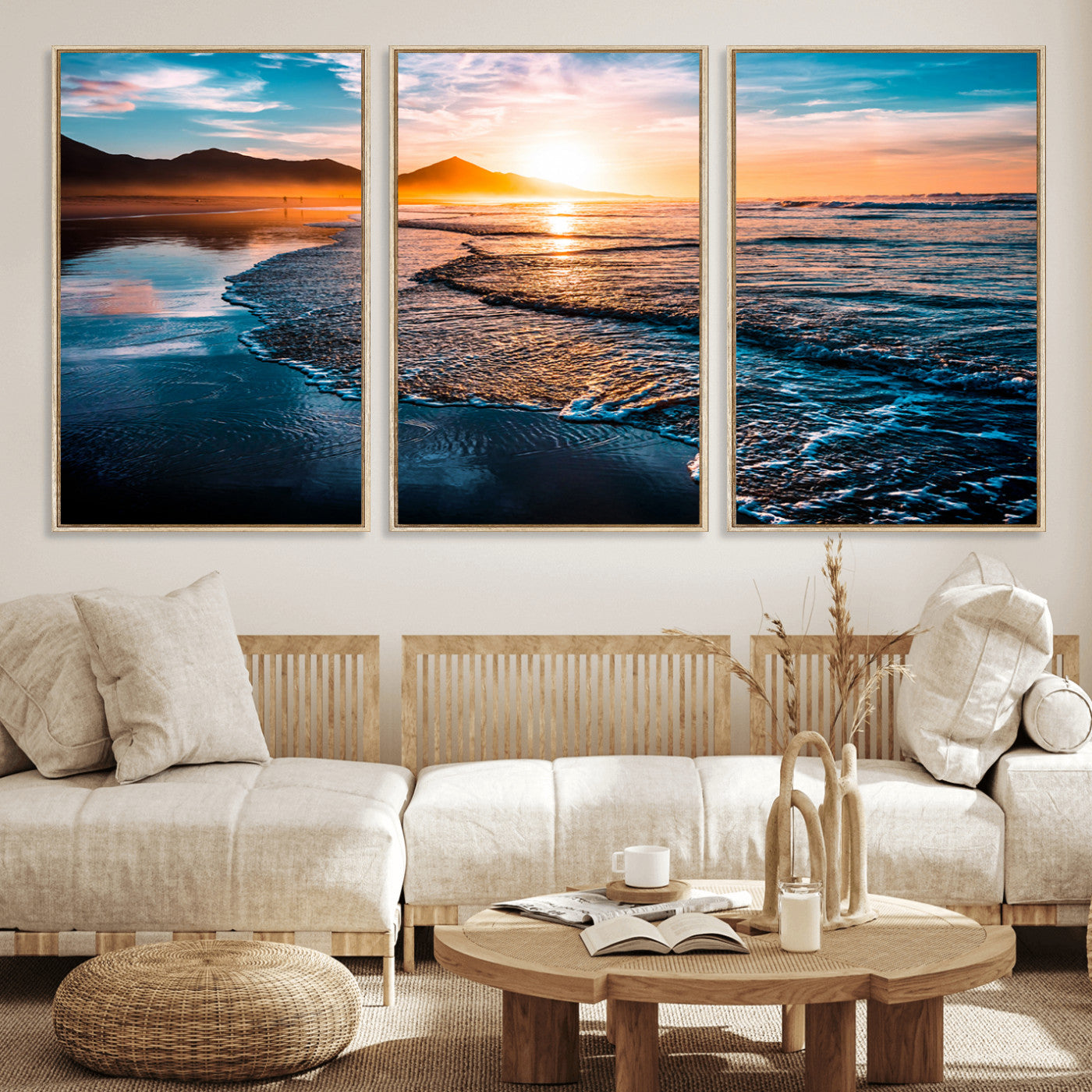 26494-MGV-FC-60X30-3P_Natural-Ocean Sunset Wall Art – Scenic Beach Canvas Print with Waves and Mountains, Coastal Seascape Photography for Living Room, Bedroom