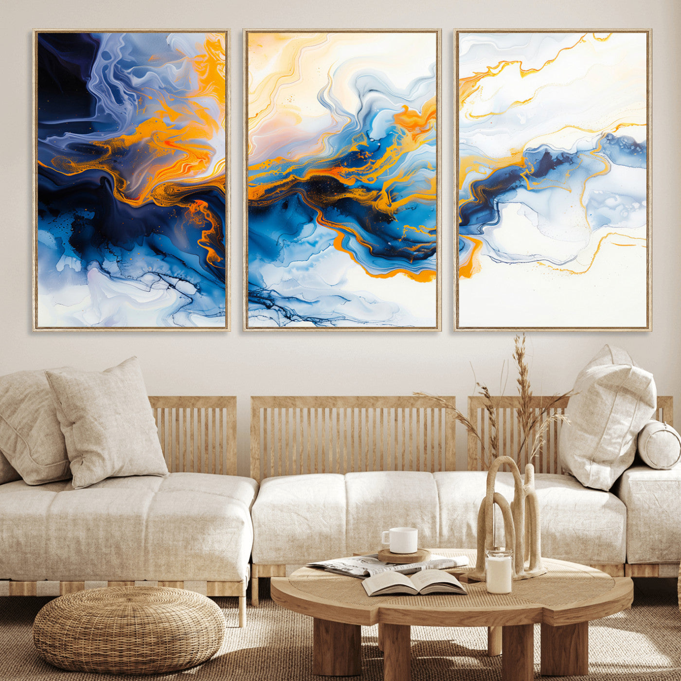 83720-MGV-CV-36X24-Abstract Fluid Wall Art – Blue, White and Gold Swirl Canvas Painting, Modern Contemporary Artwork for Living Room, Bedroom or