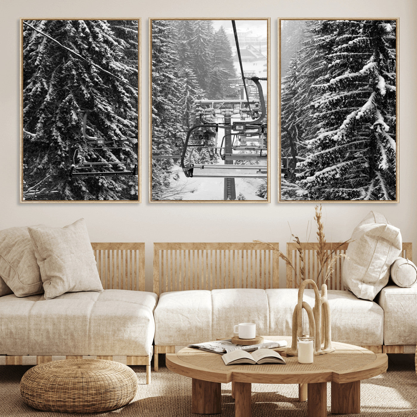 19240-MGV-FC-60X30-3P_Natural-Ski Lift Wall Art – Black and White Winter Mountain Canvas Print, Snowy Forest Ski Resort Photography for Cabin, Lodge, Office or