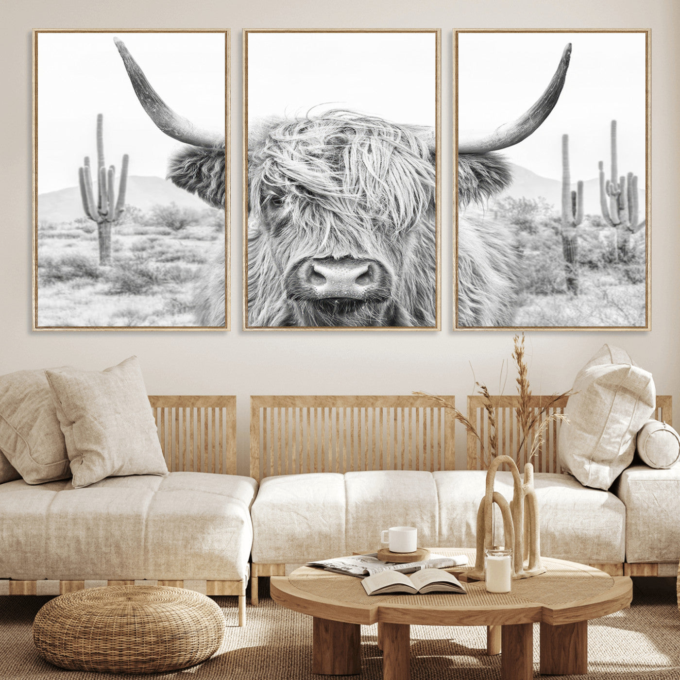 94579-MGV-FC-60X30-3P_Natural-Highland Cow Wall Art – Black and White Longhorn Canvas Print, Rustic Western Farmhouse Animal Photography for Living Room,