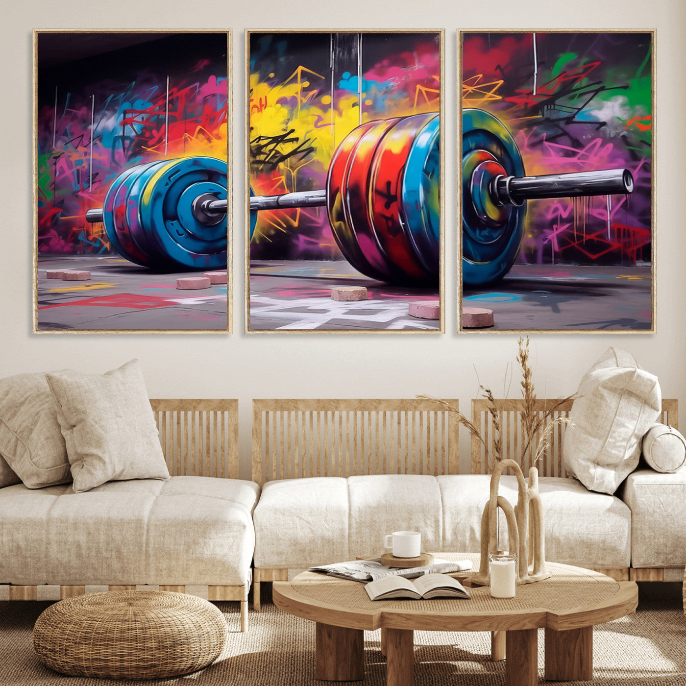 13549-MGV-FC-60X30-3P_Natural-Graffiti Gym Wall Art Canvas Print, Framed Graffiti Barbell Art Picture Print, Weightlifting Perfect Fitness Studio Decor Artwork