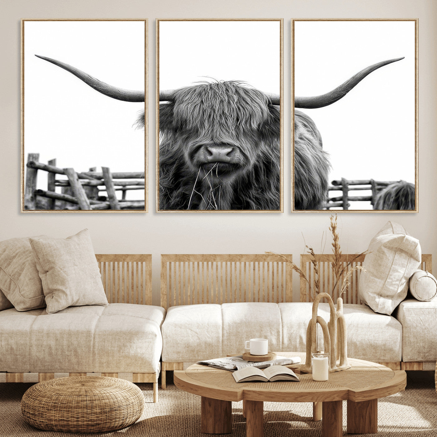 58188-MGV-FC-60X30-3P_Natural-Highland Cow Wall Art – Black and White Rustic Farmhouse Canvas Print, Longhorn Cattle Photography Decor for Living Room or