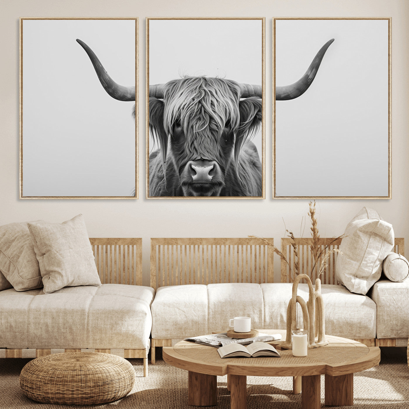 35820-MGV-FC-60X30-3P_Natural-Minimalist Highland Cow Wall Art – Black and White Longhorn Cattle Canvas Print, Modern Farmhouse Animal Photography Decor for