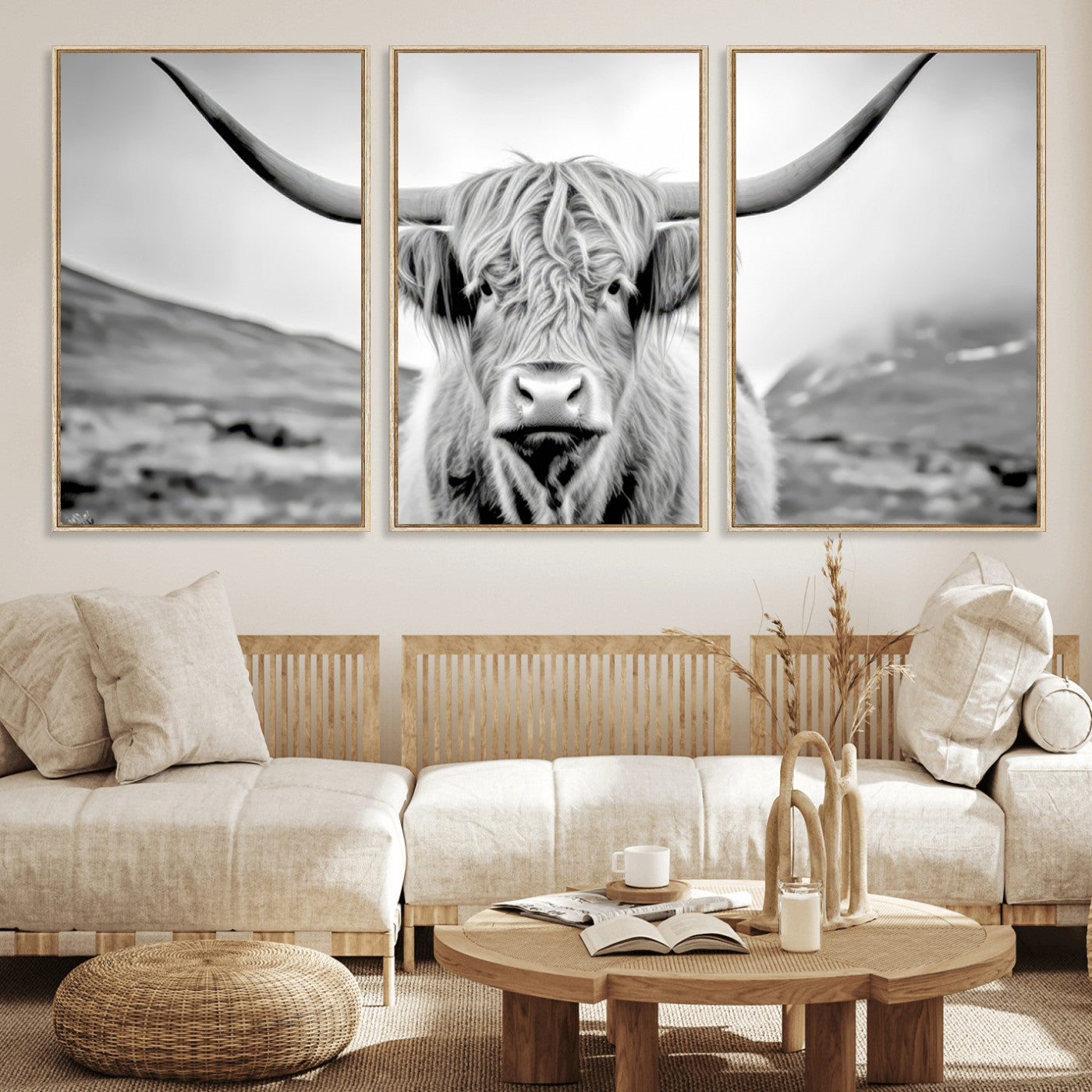 80564-MGV-CV-36X24-Highland Cow Wall Art – Black and White Scottish Highland Canvas Print, Rustic Farmhouse Decor for Living Room, Bedroom or Office