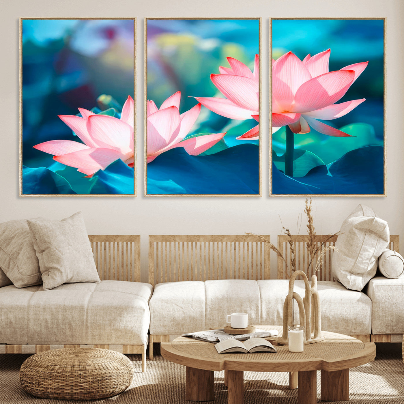 32559-MGV-FC-60X30-3P_Natural-Lotus Flower Wall Art – Pink Water Lily Canvas Print, Tranquil Nature Decor for Living Room, Bedroom or Meditation Space