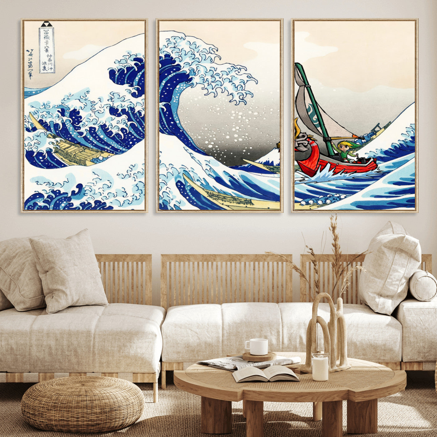 19450-MGV-FC-60X30-3P_Natural-Great Wave Adventure Wall Art – Japanese Style Ocean Canvas Print, Fantasy Sailing Decor for Living Room, Bedroom or Office