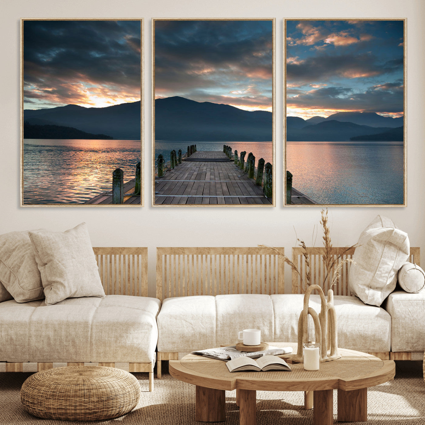 20442-MGV-CV-36X24-Lakeside Sunset Dock Wall Art – Peaceful Mountain Lake Canvas Print, Serene Nature Landscape Decor for Living Room, Bedroom or