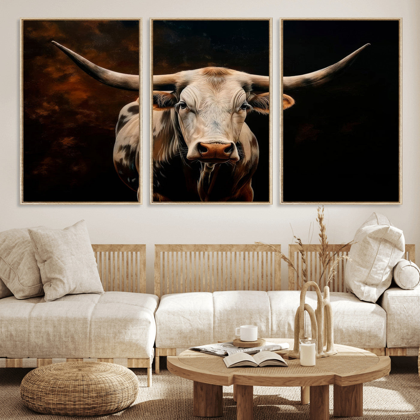 70522-MGV-CV-36X24-Longhorn Bull Wall Art – Striking Canvas Print of Majestic Bull, Premium Animal Decor for Home, Office, Man Cave, or Living Room
