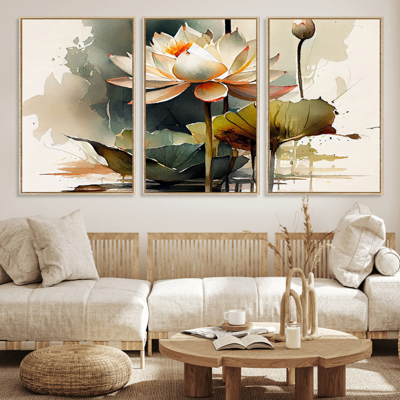 62531-MGV-FC-60X30-3P_Natural-Lotus Flower Wall Art – Watercolor Botanical Canvas Print, Tranquil Nature Artwork for Living Room, Bedroom or Meditation Space