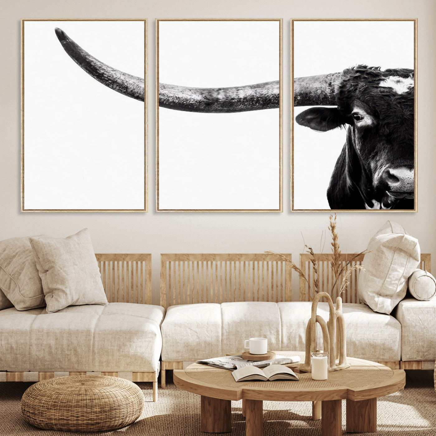 31699-MGV-FC-60X30-3P_Natural-Longhorn Wall Art – Black and White Texas Longhorn Cow Canvas Print, Rustic Western Farmhouse Artwork for Living Room, Bedroom or