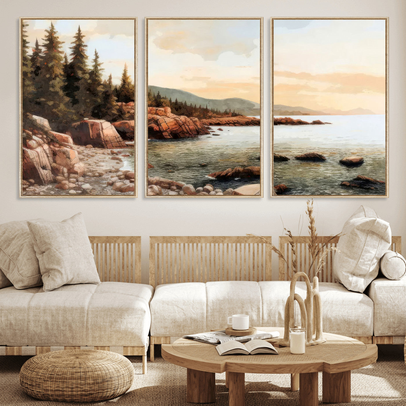 77145-MGV-CV-36X24-Coastal Landscape Wall Art – Panoramic Rocky Shoreline and Pine Trees Canvas Print, Rustic Nature Decor for Cabin, Lodge, Office,