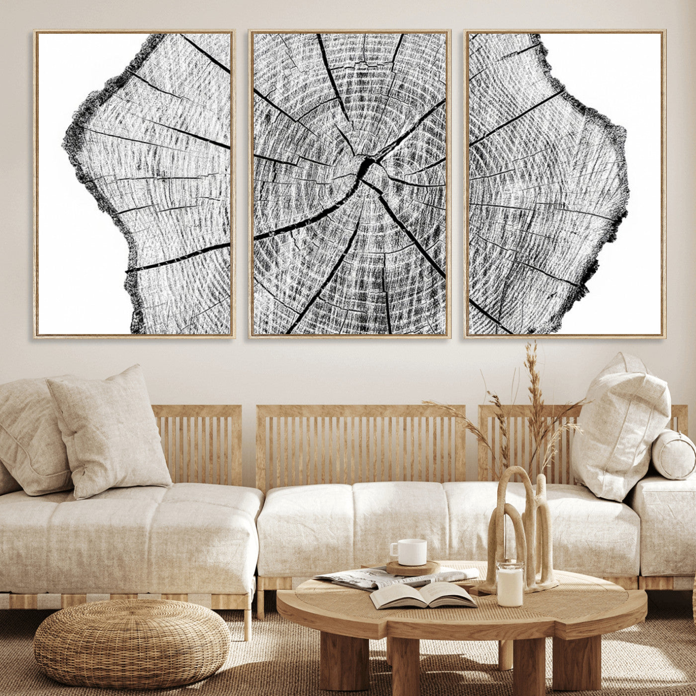 98709-MGV-CV-36X24-Tree Ring Wall Art – Black and White Canvas Print Rustic Wood Cross Section, Minimal Nature Inspired Decor for Living Room,
