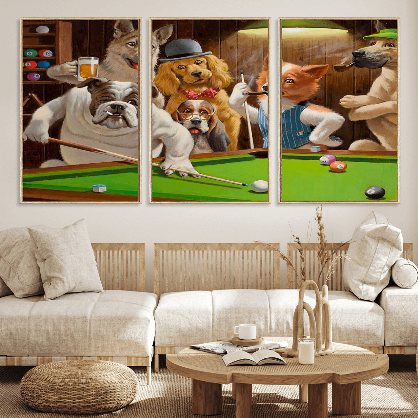 34228-MGV-FC-60X30-3P_Natural-Dogs Playing Pool Wall Art Canvas Print, Framed Funny Dog Art Picture Print, Dog Perfect Game Room Decor Artwork