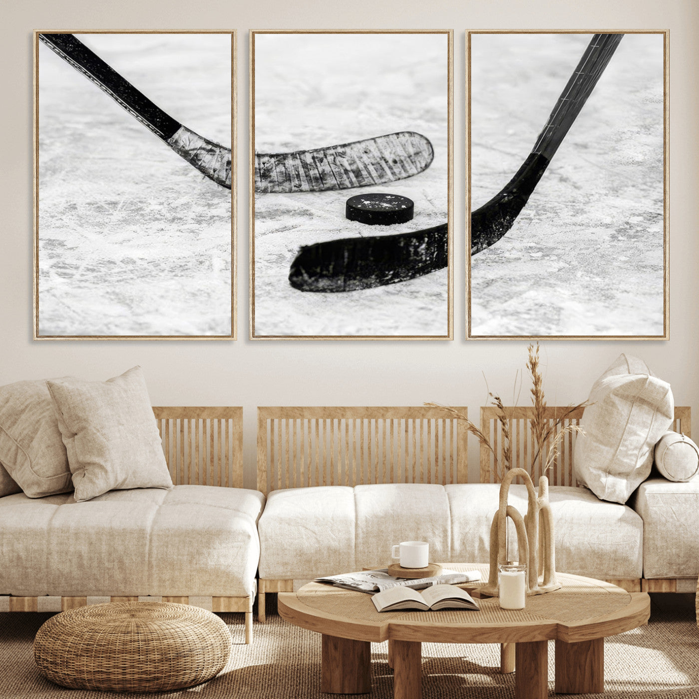 82900-MGV-CV-36X24-Hockey Wall Art – Black and White Canvas Print Ice Rink Sticks Puck Sports Photography, Modern Decor for Game Room, Man Cave,