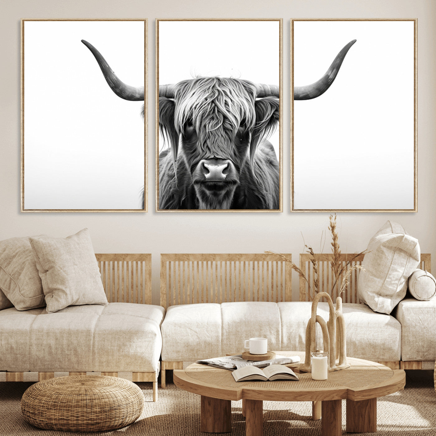 49556-MGV-FC-60X30-3P_Natural-Highland Cow Wall Art – Black and White Scottish Highland Cattle Print, Rustic Farmhouse Minimalist Animal Portrait Canvas for