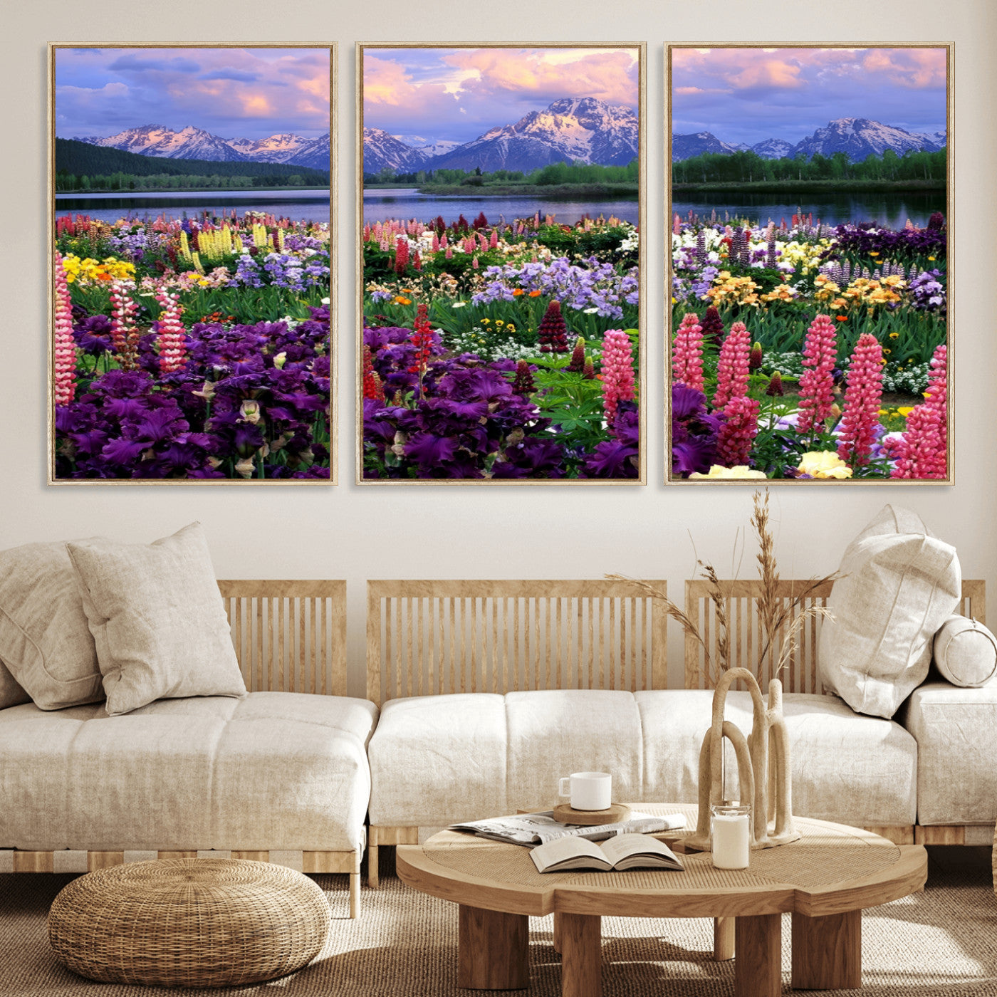 82270-MGV-FC-60X30-3P_Natural-Colorful Wildflower Meadow Landscape Wall Art – Snow-Capped Mountain Lake Sunset Print, Vibrant Nature Artwork for Living Room,