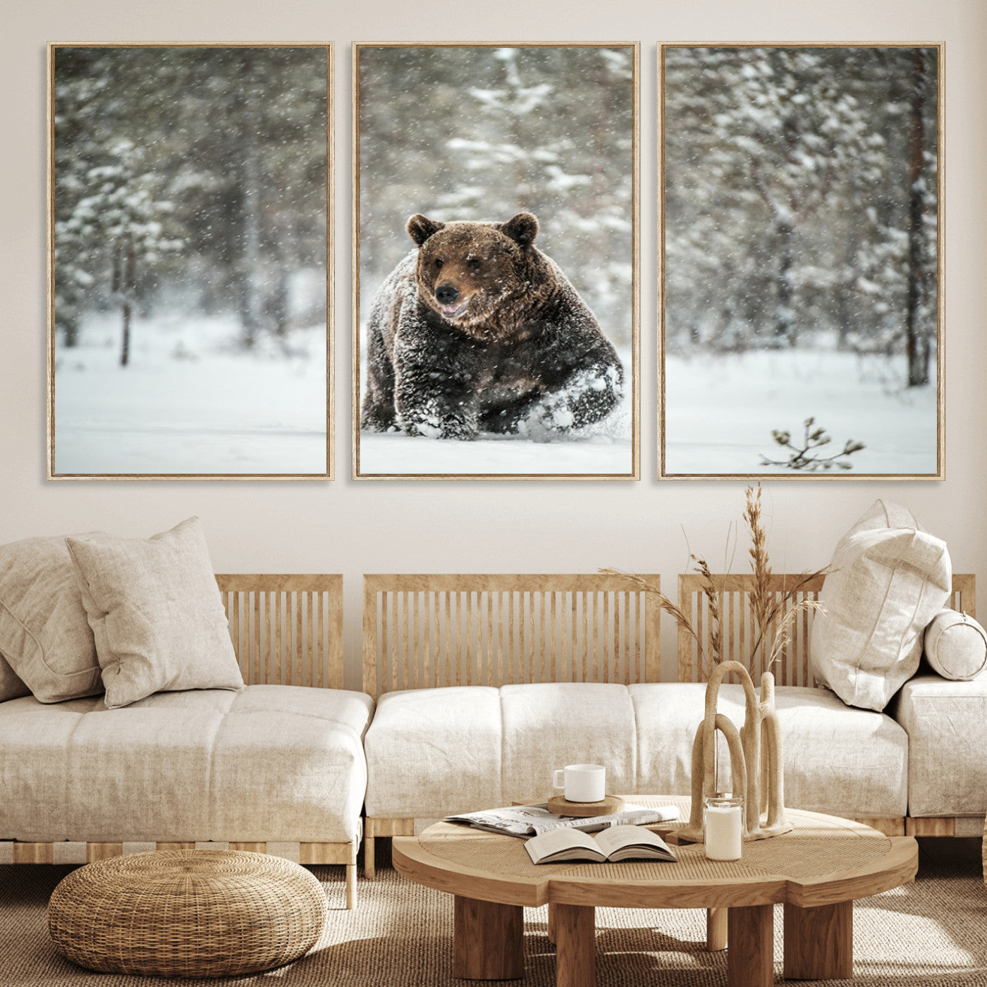 43350-MGV-FC-60X30-3P_Natural-Wild Bear in Snow Wall Art – Majestic Wildlife Photography Print, Winter Forest Nature Decor for Cabin, Lodge, Rustic Home,