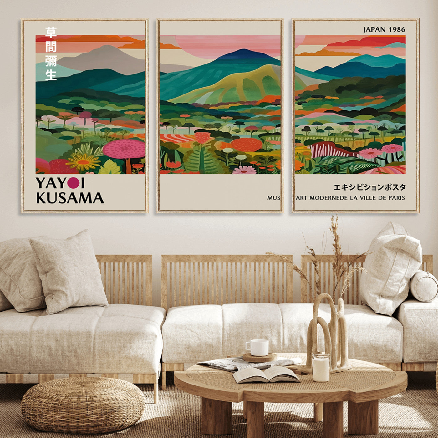 54215-MGV-FC-60X30-3P_Natural-Yayoi Kusama Wall Art – Panoramic Japanese Landscape Canvas Print, Modern Abstract Nature Decor for Office, Bedroom or Living Room