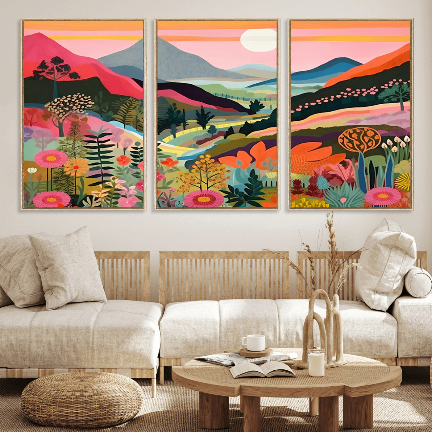 61376-MGV-FC-60X30-3P_Natural-Floral Valley Wall Art – Panoramic Mountain Landscape Canvas Print, Vibrant Nature Decor for Living Room, Office, or Bedroom