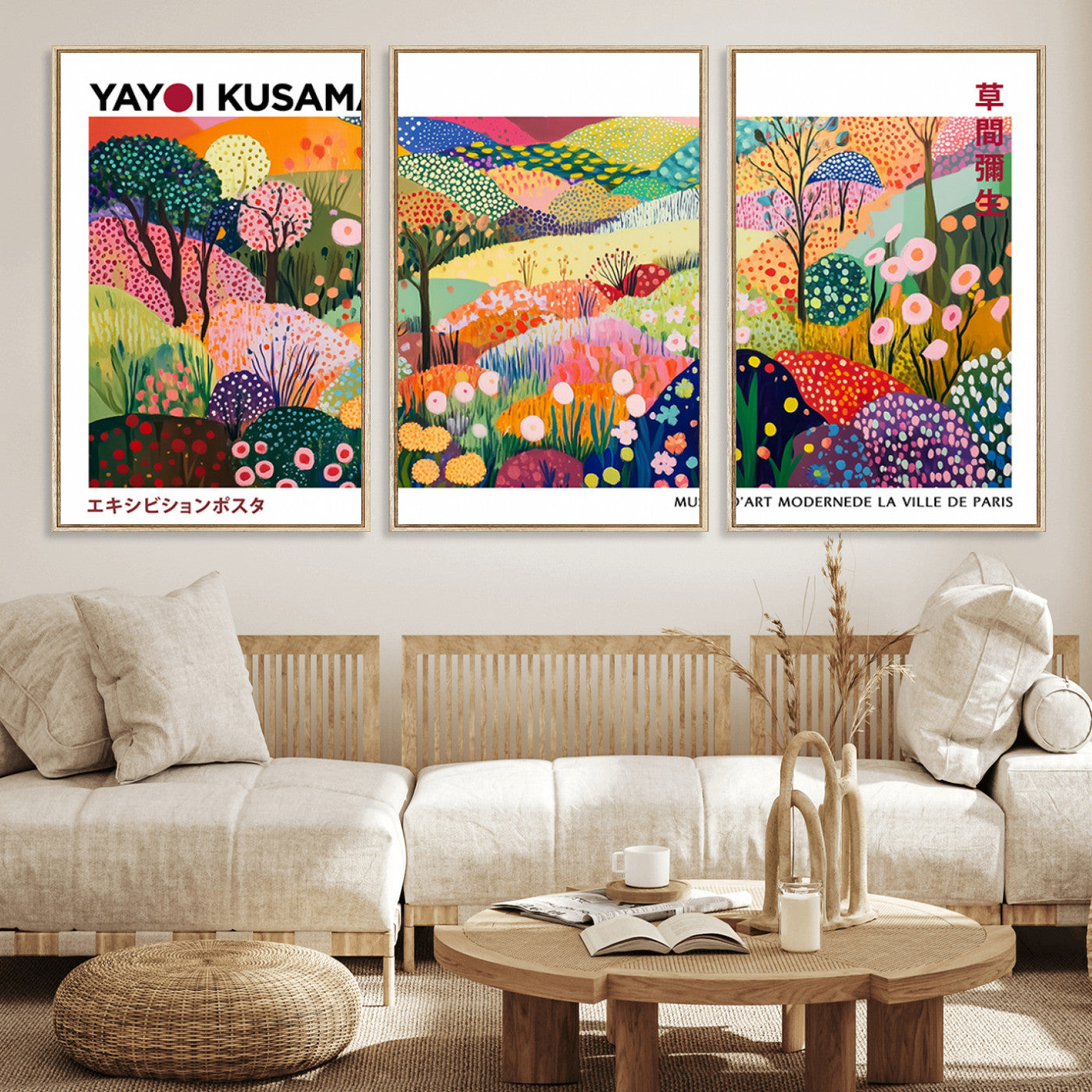75201-MGV-FC-60X30-3P_Natural-Yayoi Kusama Floral Wall Art – Vibrant Abstract Landscape Canvas Print, Modern Pop Art Poster for Living Room, Bedroom, or Gallery