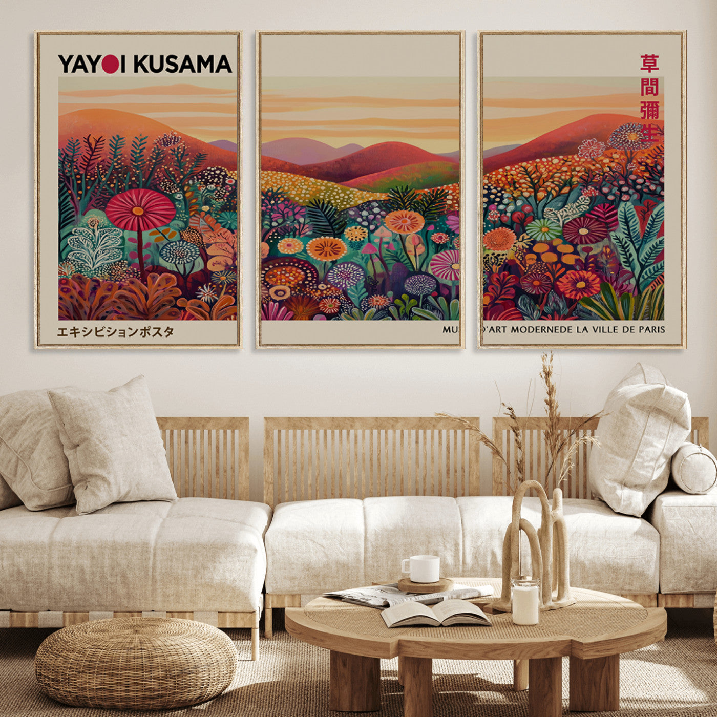 66096-MGV-FC-60X30-3P_Natural-Yayoi Kusama Wall Art – Sunset Floral Landscape Canvas Print, Vibrant Flower Garden Panorama for Living Room, Bedroom or Office