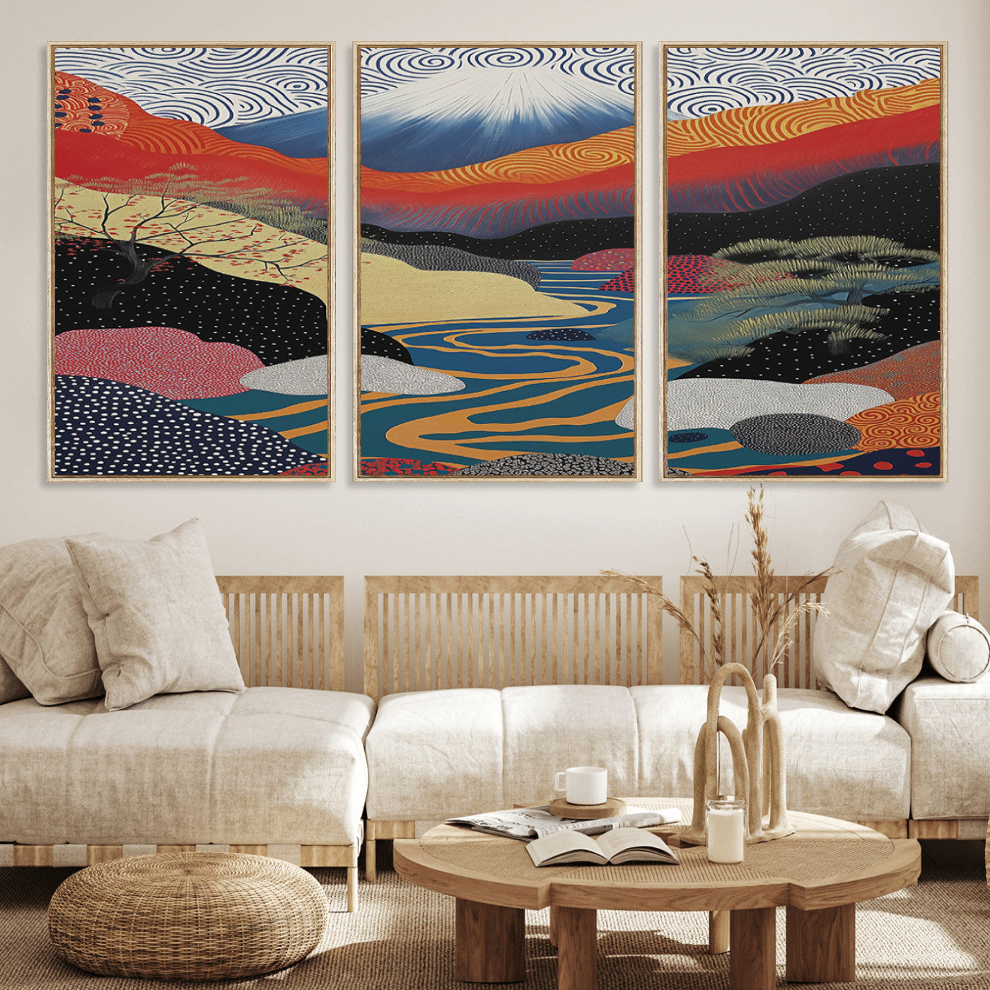 22313-MGV-FC-60X30-3P_Natural-Yayoi Kusama Wall Art – Abstract Mount Fuji Landscape Canvas Print, Vibrant Japanese Nature Scene with River, Mountains and Sky