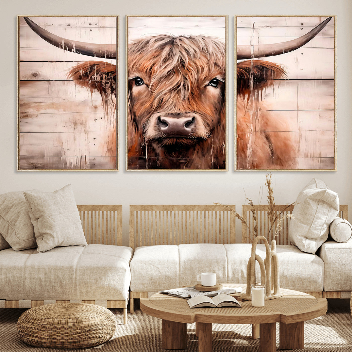 93730-MGV-FC-60X30-3P_Natural-Scottish Cow Wall Art Canvas Print, Framed Longhorn Cow Art Picture Print, Highland Cattle Perfect Rustic Farmhouse Decor Artwork