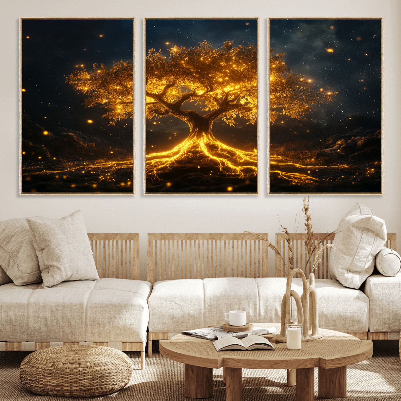 60194-MGV-FC-60X30-3P_Natural-Glowing Tree Wall Art – Golden Roots Fantasy Canvas Print, Mystical Illuminated Tree Painting Poster for Living Room, Bedroom,
