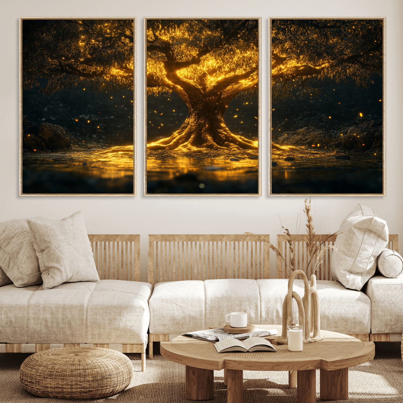 59580-MGV-FC-60X30-3P_Natural-Glowing Tree Wall Art – Golden Fantasy Nature Canvas Print, Mystical Illuminated Tree Painting Poster for Living Room, Bedroom,