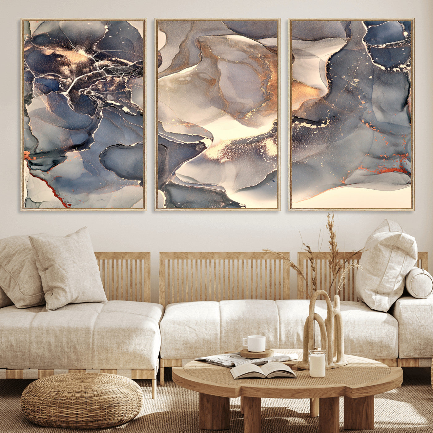 18202-MGV-FC-60X30-3P_Natural-Abstract Neutral Wall Art – Blue, Beige and Gold Fluid Ink Canvas Print, Modern Minimalist Painting for Living Room, Office