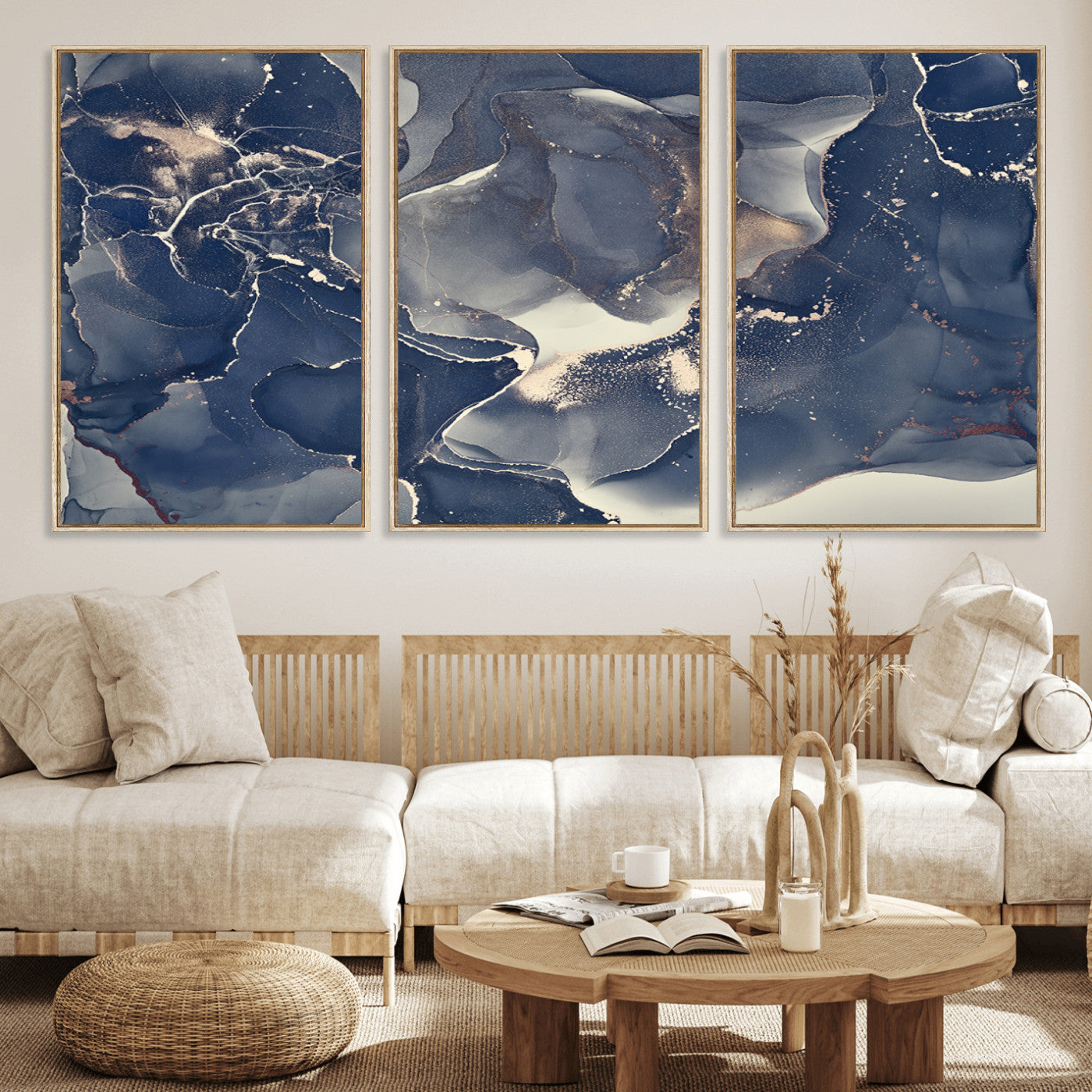 28282-MGV-CV-36X24-Blue Abstract Wall Art – Modern Ink Swirl Canvas Print, Contemporary Navy and Gold Painting for Living Room, Bedroom, Office or