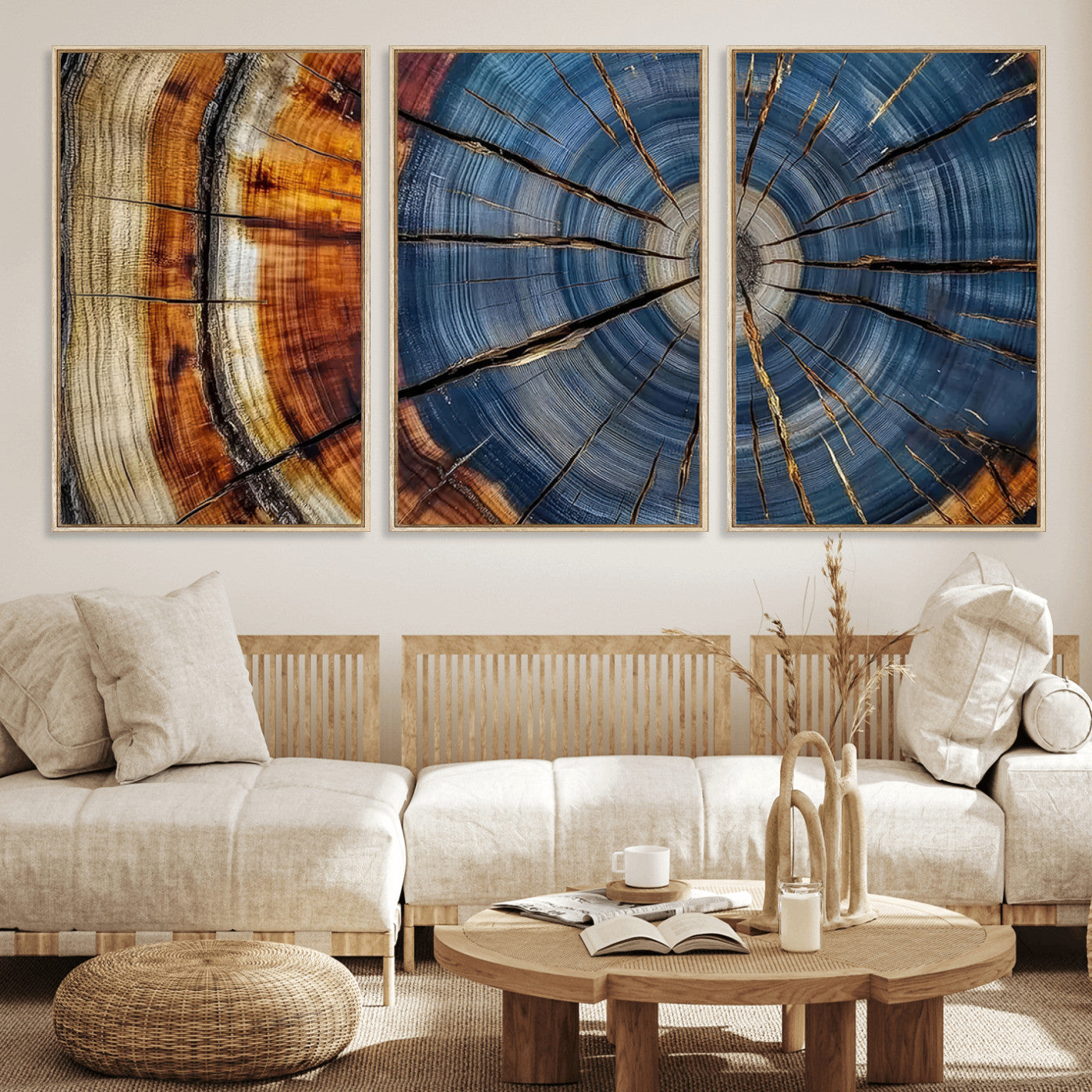 10583-MGV-FC-60X30-3P_Natural-Tree Ring Wall Art – Abstract Wood Grain Canvas Print with Blue and Brown Tones, Nature Inspired Rustic Artwork for Living Room,