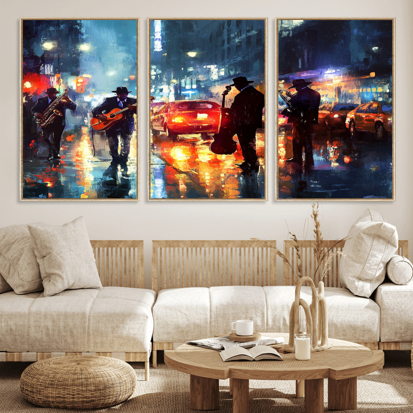 94605-MGV-FC-60X30-3P_Natural-City Jazz Night Wall Art – Vibrant Music Canvas Print Featuring Saxophone, Guitar and Bass Players, Urban Street Scene Artwork for