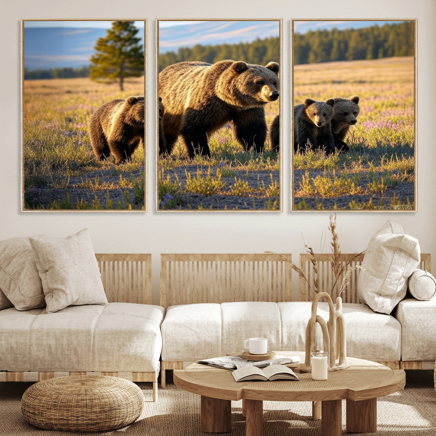 43400-MGV-FC-60X30-3P_Natural-Bear Family Wall Art – Wildlife Canvas Print of Mother Bear with Cubs in Sunlit Meadow, Rustic Animal Artwork for Living Room,