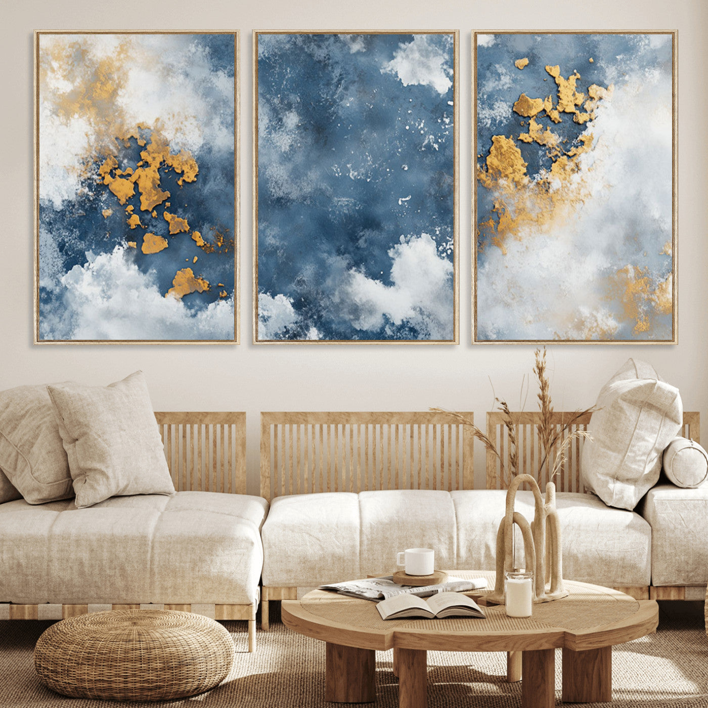 39575-MGV-FC-60X30-3P_Natural-Blue and Gold Abstract Wall Art – Modern Canvas Print Featuring Cloudy Textures with Metallic Accents, Contemporary Artwork for