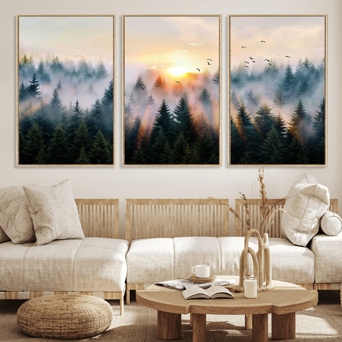 56391411-MGV-FC-60X30-3P_Natural-Misty Forest Wall Art Canvas Print, Framed Sunrise Pines Art Picture Print, Moody Pines Perfect Serene Woodland Decor Artwork