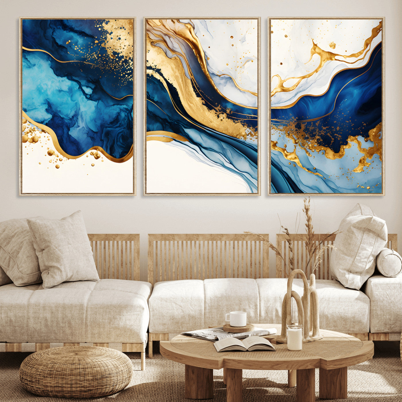 60283636-MGV-CV-36X24-Blue Gold Flow Wall Art Canvas Print, Framed Marble Texture Art Picture Print, Elegant Splash Perfect Elegant Abstract Decor