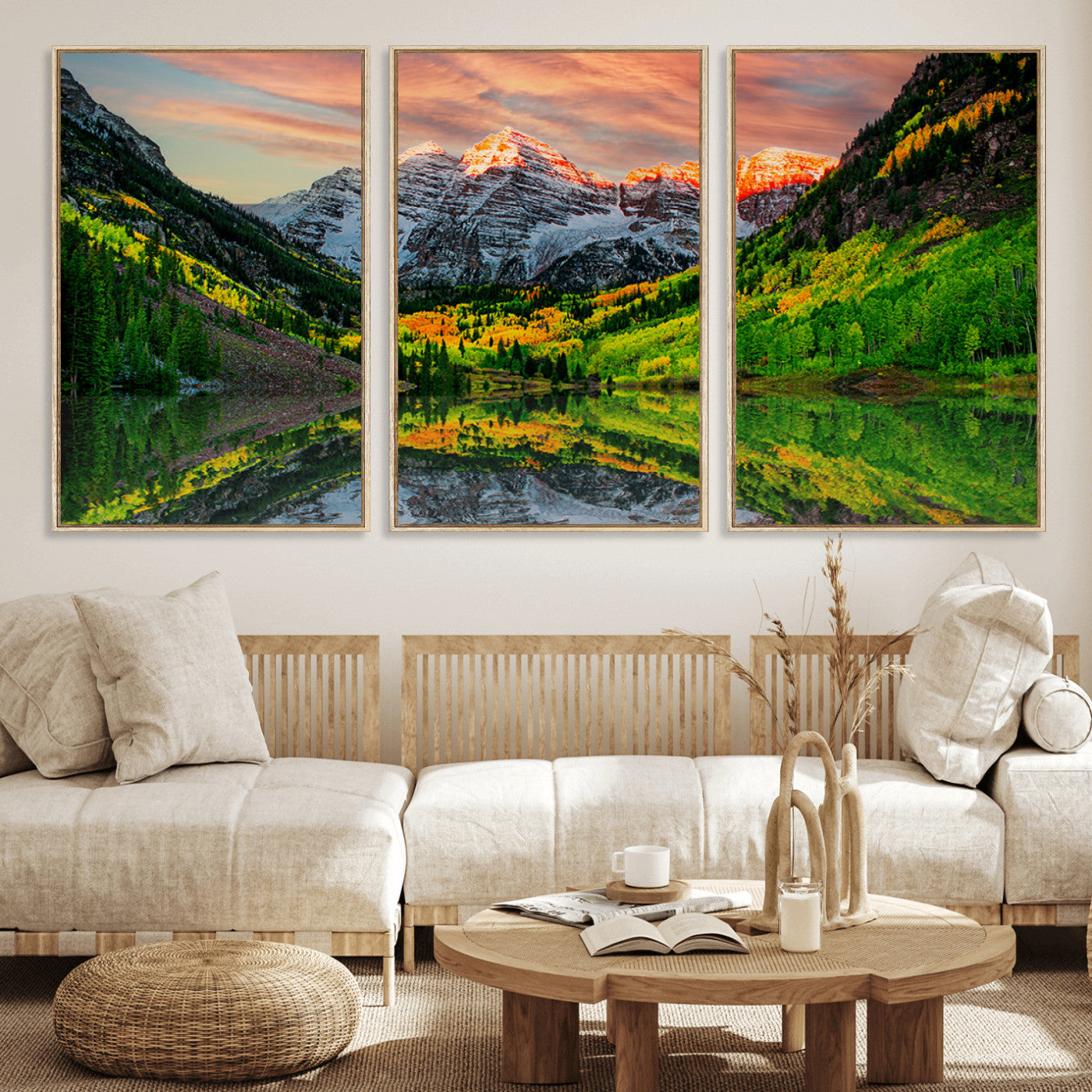 59533484-MGV-FC-60X30-3P_Natural-Maroon Bells Autumn Wall Art – Panoramic Mountain Landscape Canvas Print, Sunset Reflection Nature Artwork for Living Room, Office