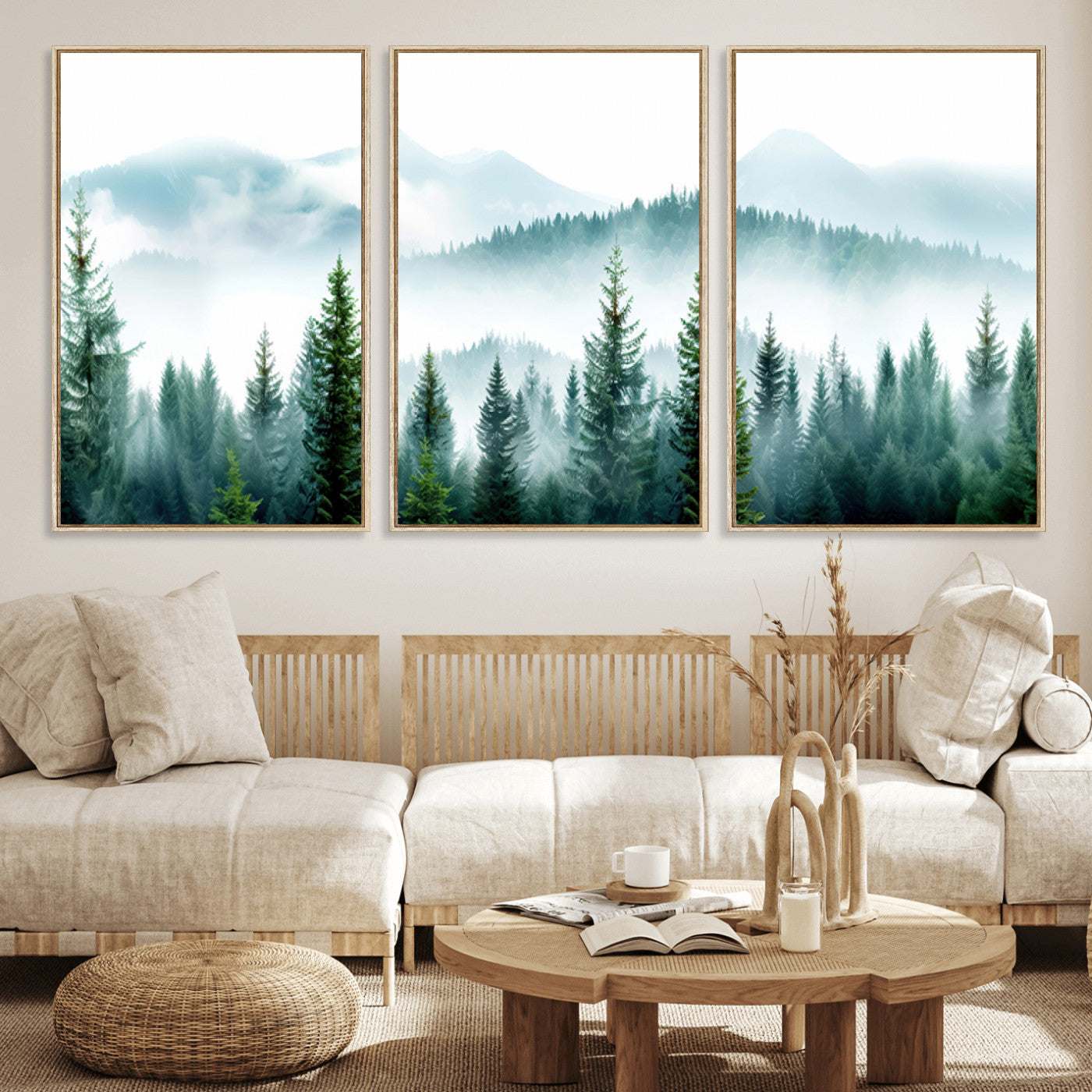 16716676-MGV-FC-60X30-3P_Natural-Pine Forest Wall Art Canvas Print, Framed Misty Mountains Art Picture Print, Foggy Trees Perfect Moody Forest Decor Artwork