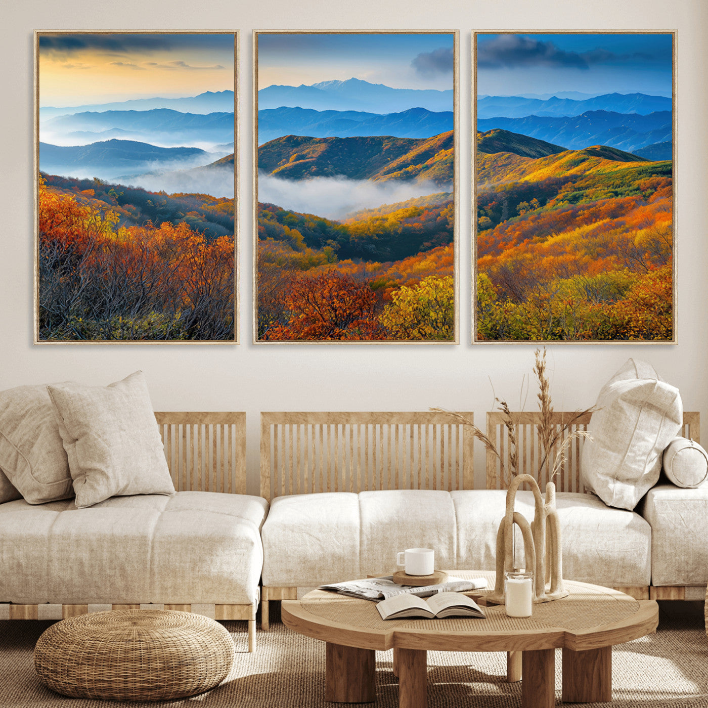 86772247-MGV-FC-60X30-3P_Natural-Autumn Mountains Wall Art Canvas Print, Framed Fall Foliage Art Picture Print, Vibrant Hills Perfect Vibrant Nature Decor Artwork