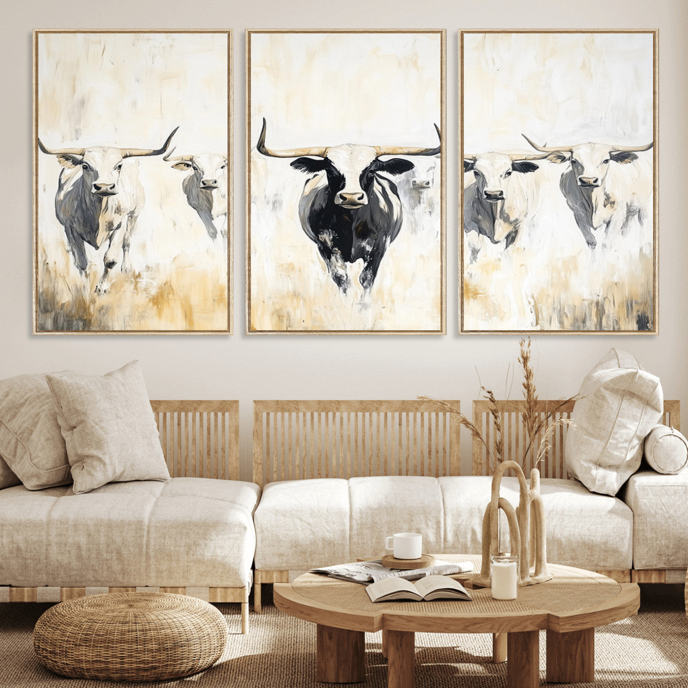 40397799-MGV-FC-60X30-3P_Natural-Texas Longhorn Wall Art Canvas Print, Framed Rustic Herd Art Picture Print, Western Bull Perfect Neutral Western Decor Artwork