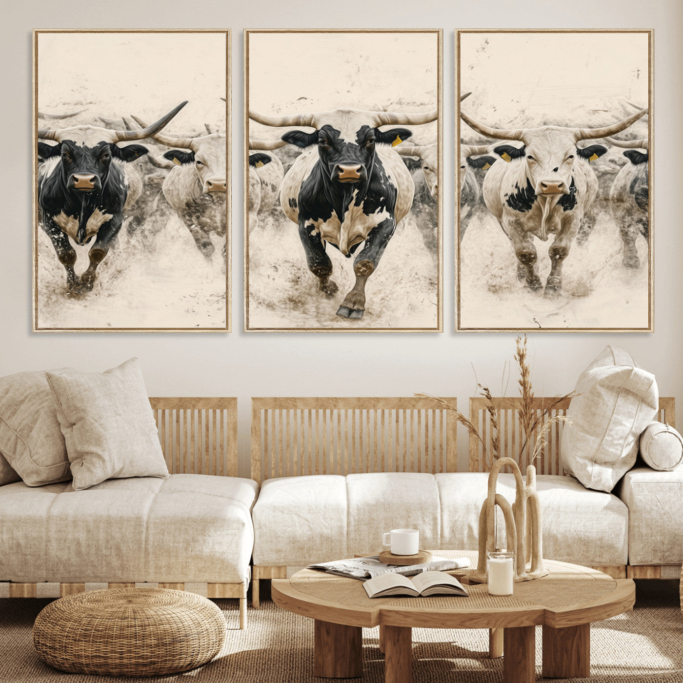 61538944-MGV-CV-36X24-Texas Longhorn Wall Art Canvas Print, Framed Cattles Walking Art Picture Print, Black White Bulls Perfect Rustic Western Decor