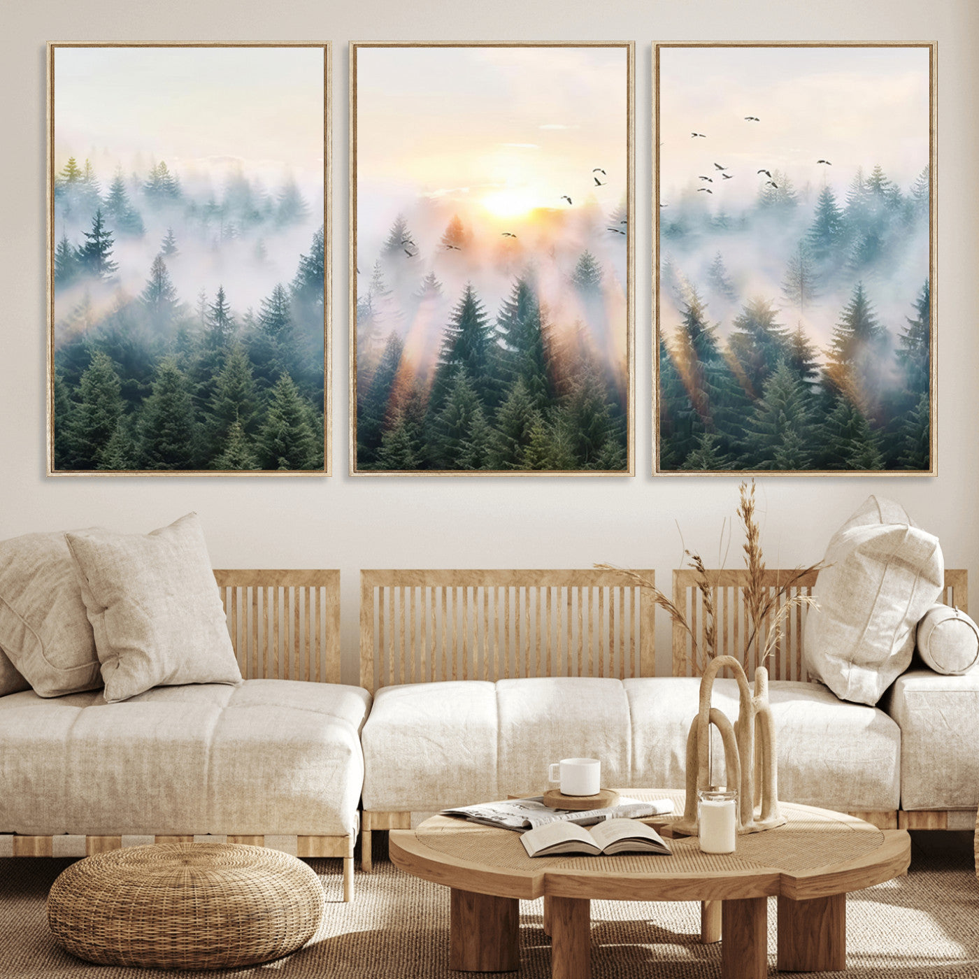 92718976-MGV-FC-60X30-3P_Natural-Misty Forest Wall Art Canvas Print, Framed Sunrise Pines Art Picture Print, Foggy Woodland Perfect Moody Woodland Decor Artwork
