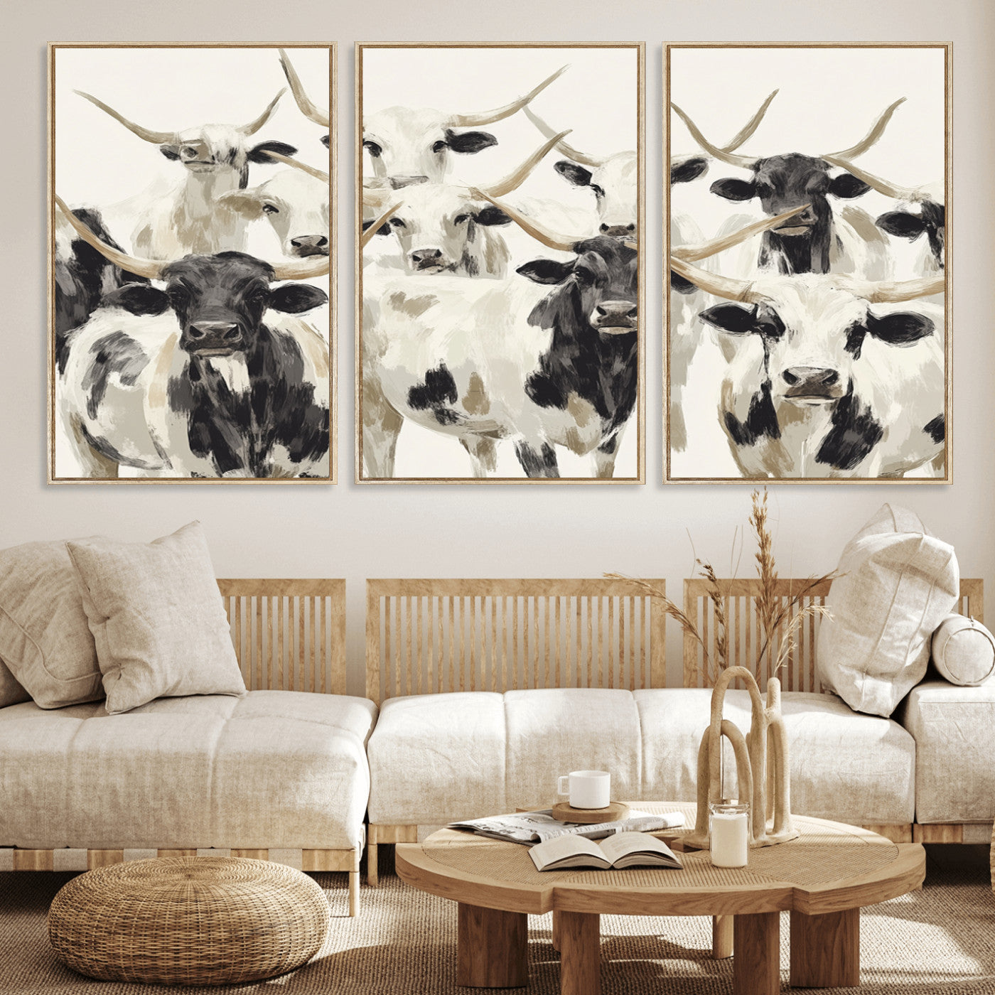 52947970-MGV-CV-36X24-Texas Longhorn Wall Art Canvas Print, Framed Cattle Herd Art Picture Print, Herd Portrait Perfect Modern Farmhouse Decor Artwork
