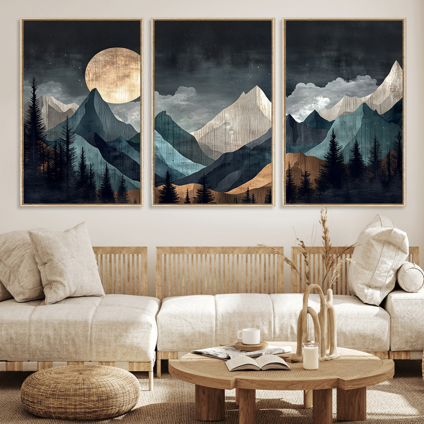 11060882-MGV-FC-60X30-3P_Natural-Moonlit Mountains Wall Art Canvas Print, Framed Forest Silhouette Art Picture Print, Night Landscape Perfect Modern Forest Decor