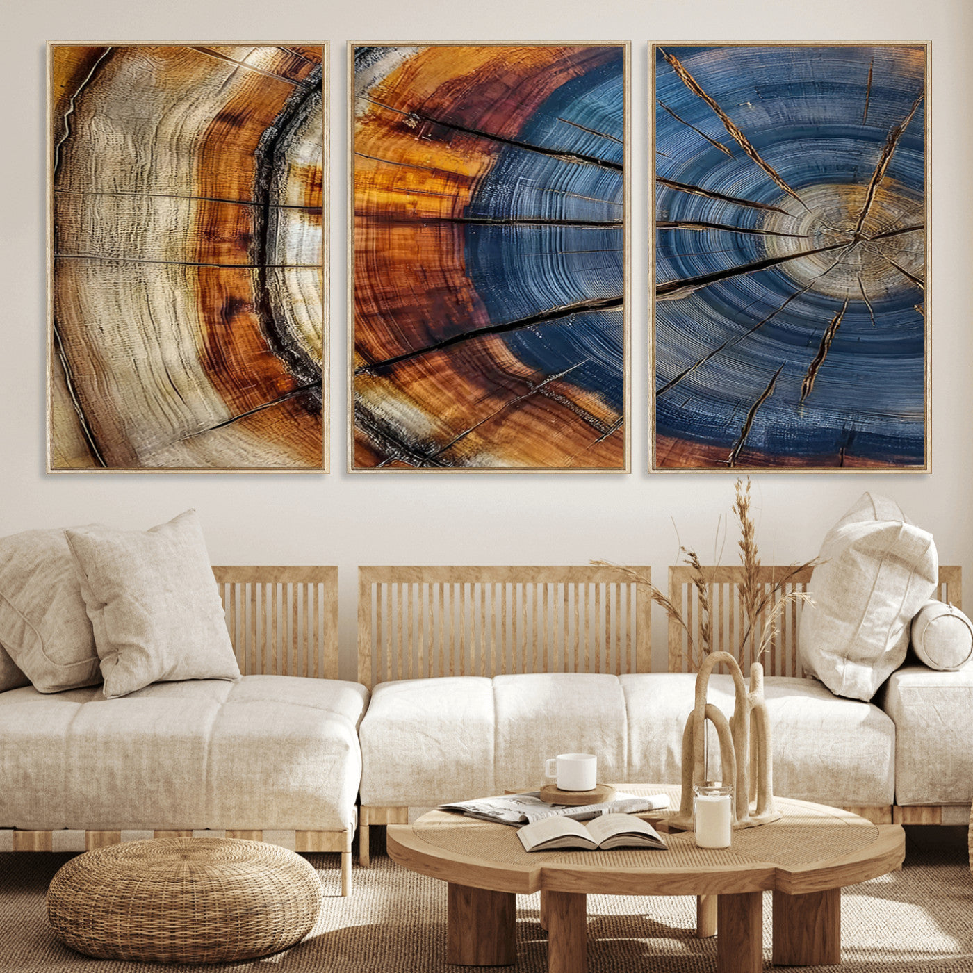 18032999-MGV-FC-60X30-3P_Natural-Tree Ring Wall Art – Blue Brown Abstract Wood Slice Canvas Print, Rustic Modern Nature Decor for Living Room, Office, Bedroom or
